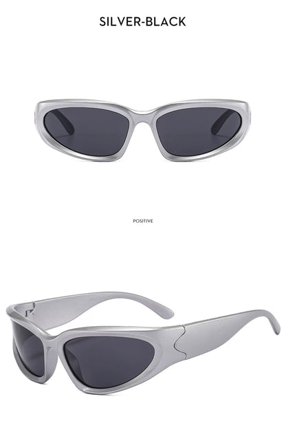 Cyberpunk Angular Sunglasses — Silver angular sunglasses with dark lenses shown in two angles
