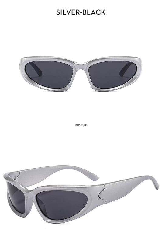 Cyberpunk Angular Sunglasses — Silver angular sunglasses with dark lenses shown in two angles