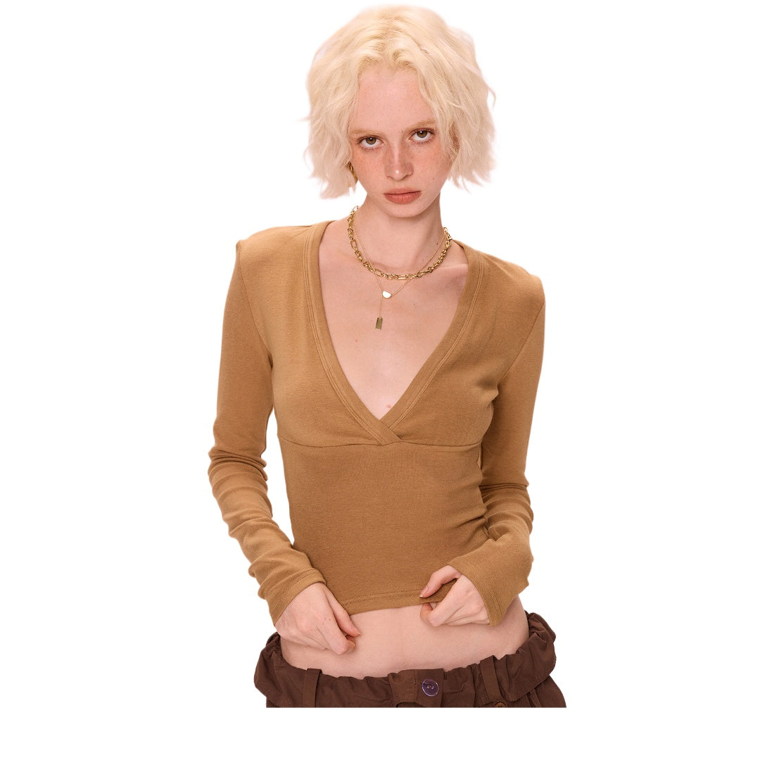 V-Neck Cropped Long Sleeve Knit Top
