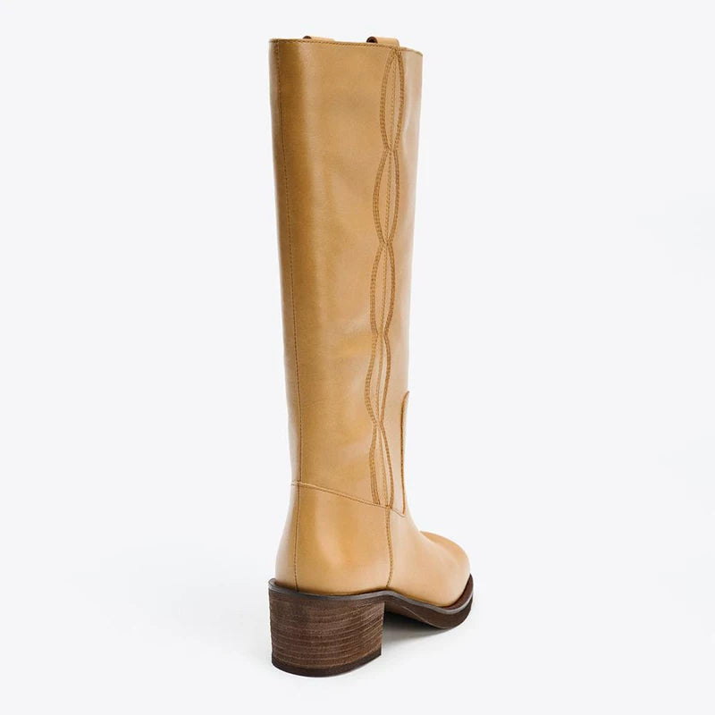 Dark ochre brown western knee-high boot, rear view showing block heel