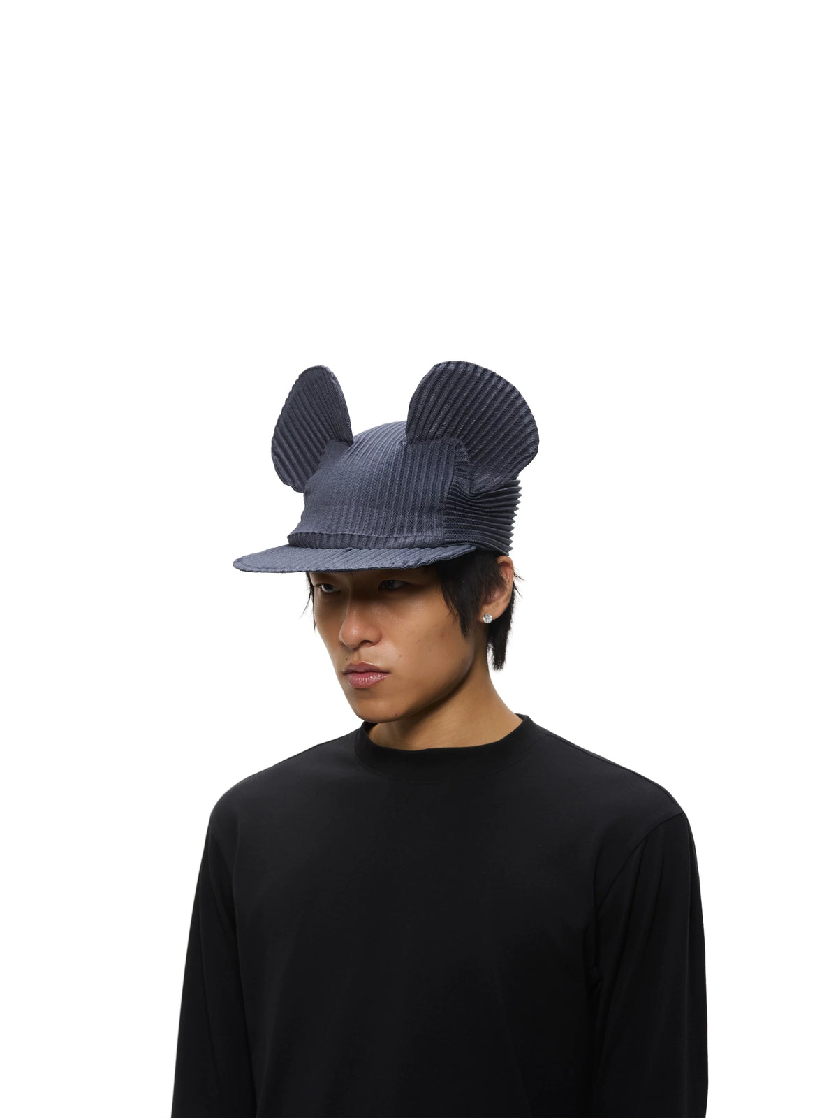 Denim Blue Pleated Ear Detail Flat Brim Baseball Cap