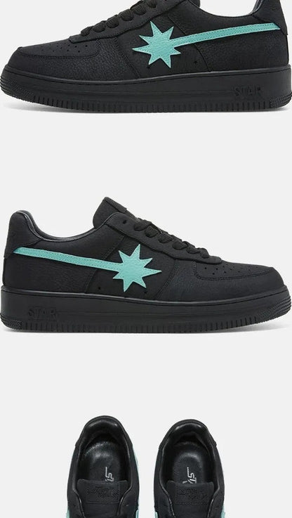 Black skate sneakers with blue star, side and back views