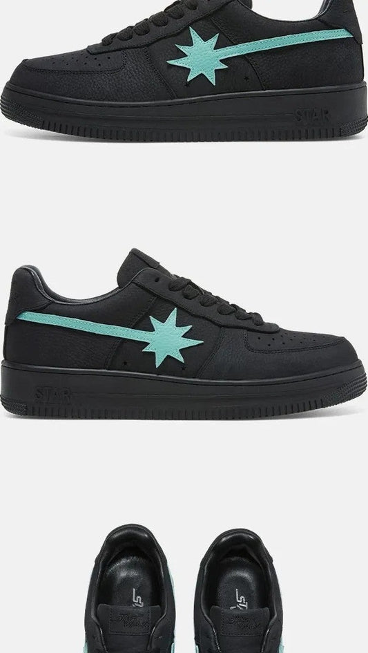 Black skate sneakers with blue star, side and back views