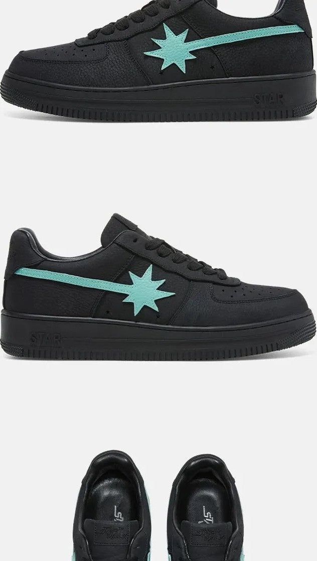 Black skate sneakers with blue star, side and back views