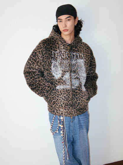 Distressed Leopard Print Padded Hooded Jacket