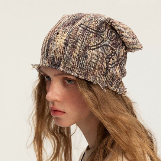 Distressed Starfish Embroidered Knit Beanie Hat