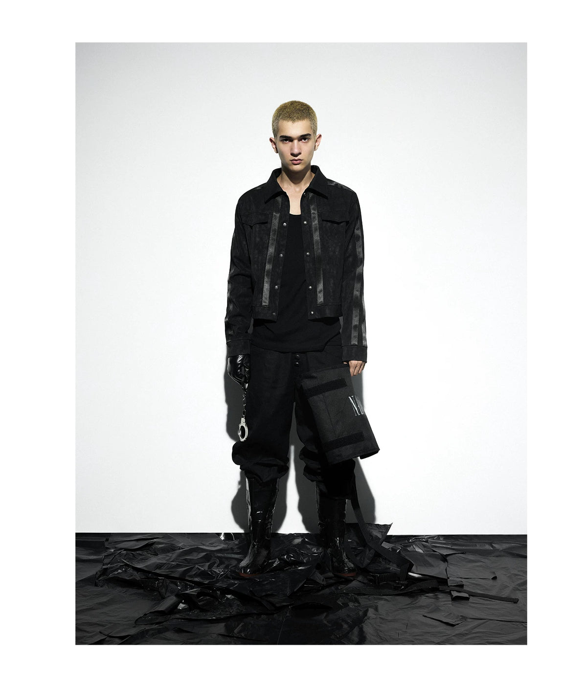 Caged Bird Vein Print Leather Jacket — worn by a model