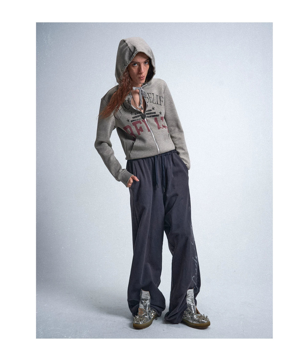 Printed Fitted Hoodie — worn by a model