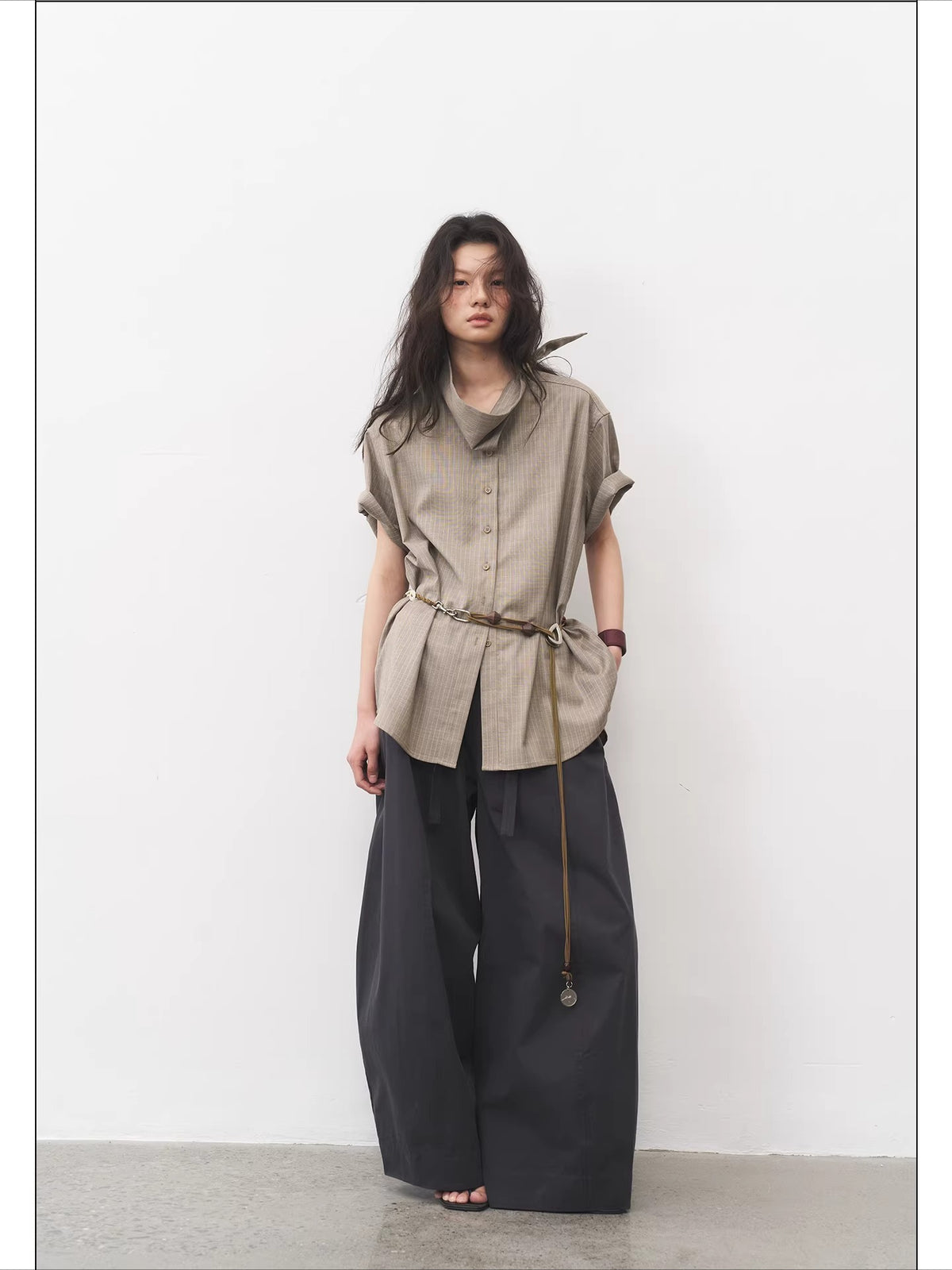 Dark Stripe Beaded Shoulder Blouse — worn by a model