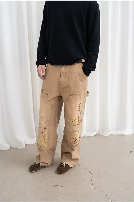 Vintage Floral Embroidered Straight Leg Pants — worn by a model