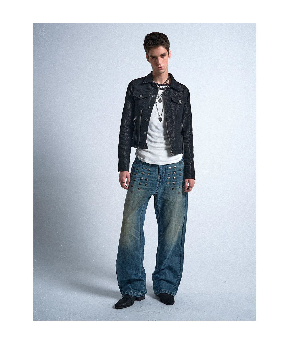 Square Stud Trim Straight Leg Jeans — worn by a model