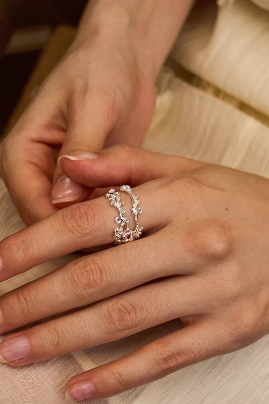 Retro Vine Narrow Ring & Wide Vine Ring — worn by a model