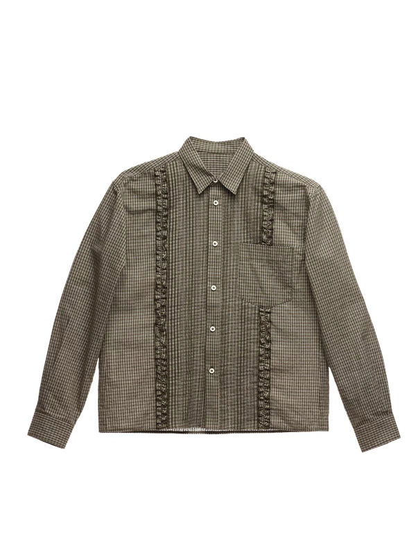 Vintage Olive Plaid Pleated Cotton Collared Shirt — front product view