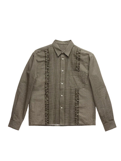 Vintage Olive Plaid Pleated Cotton Collared Shirt — front product view