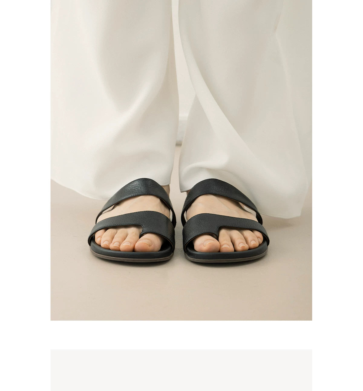 Leather Double-Strap Slide Sandals — worn by a model