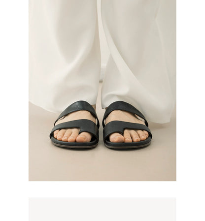 Leather Double-Strap Slide Sandals — worn by a model