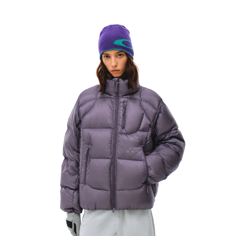Women's men's shiny purple puffer jacket - Aurora quilted coat with purple beanie blue design light pants winter outfi