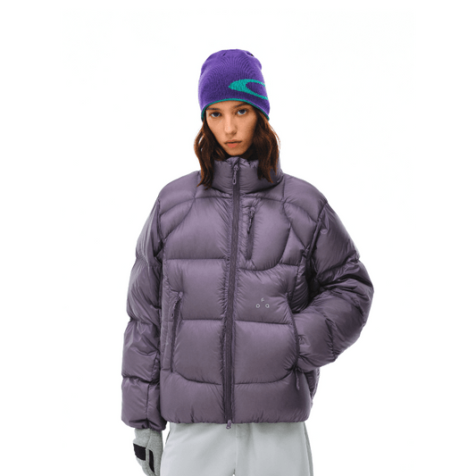 Women's men's shiny purple puffer jacket - Aurora quilted coat with purple beanie blue design light pants winter outfi