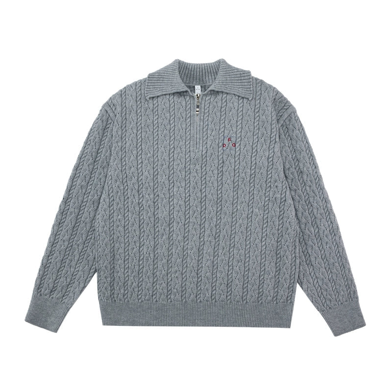 Men's women's cable knit half zip sweater - Flower gray premium knitwear with embroidered chest detail