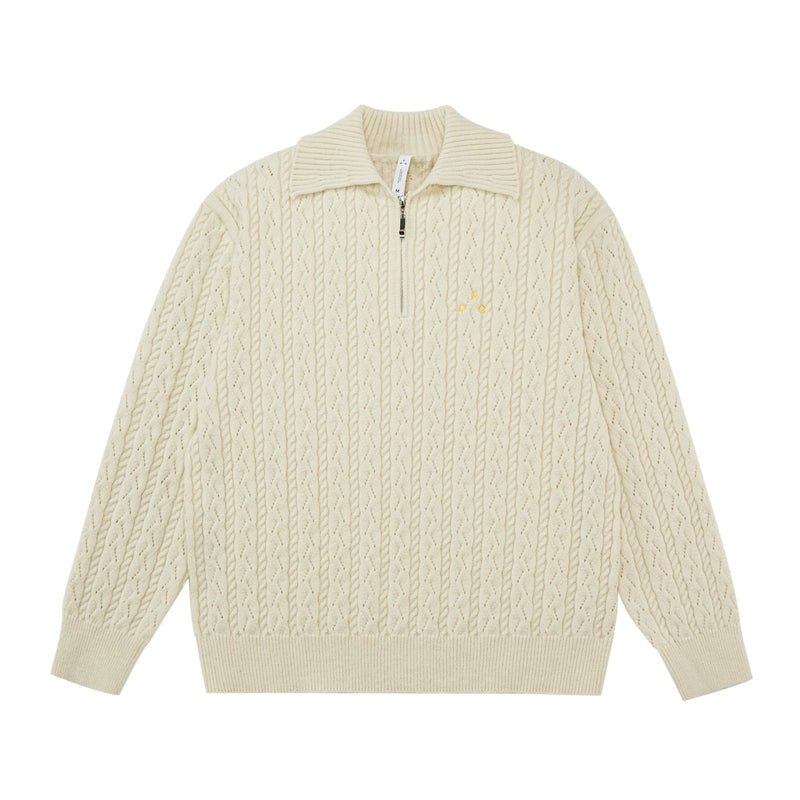 Men's women's cable knit half zip sweater - apricot premium knitwear with embroidered chest detail