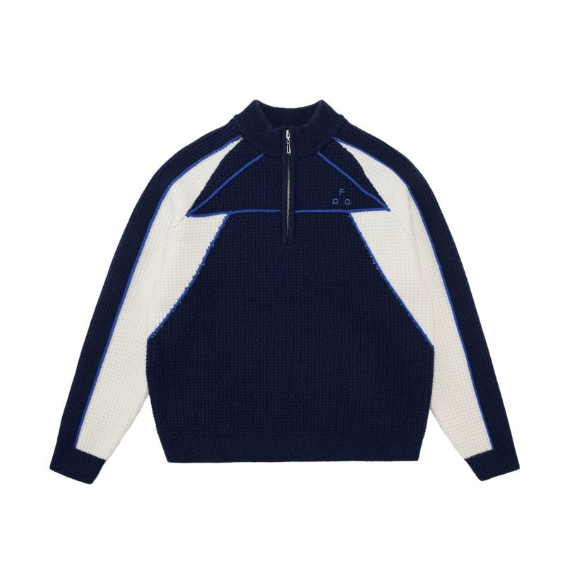 Men's women's color block half zip sweater - navy white geometric design blue accents textured knit premium warmth