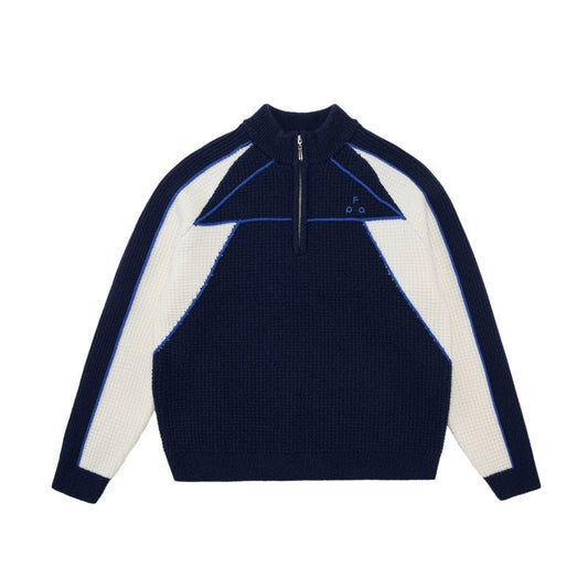 Men's women's color block half zip sweater - navy white geometric design blue accents textured knit premium warmth