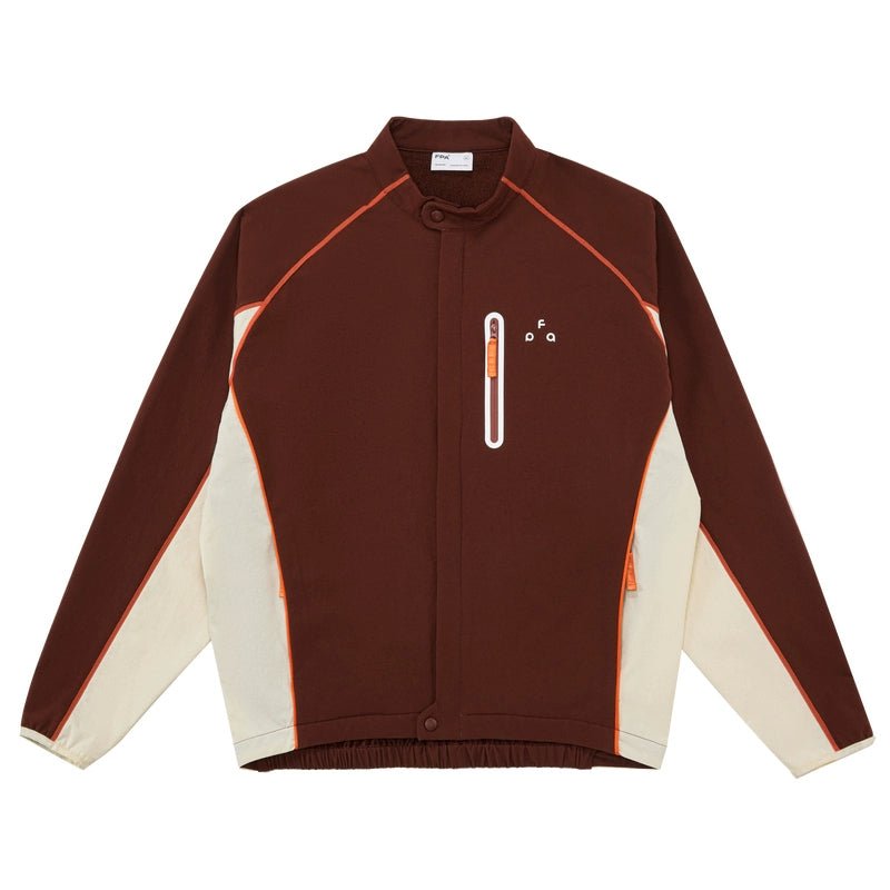 Men's women's contrast color jacket - coffee color beige orange accent outdoor adventure jacket with chest pocket embroidery