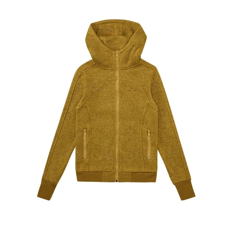Women's cropped hooded zip up fleece jacket - ginger yellow heavyweight knit high collar wide cuffs oversized cozy