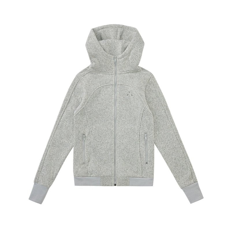 Women's cropped hooded zip up fleece jacket - grayish-white heavyweight knit high collar wide cuffs oversized cozy