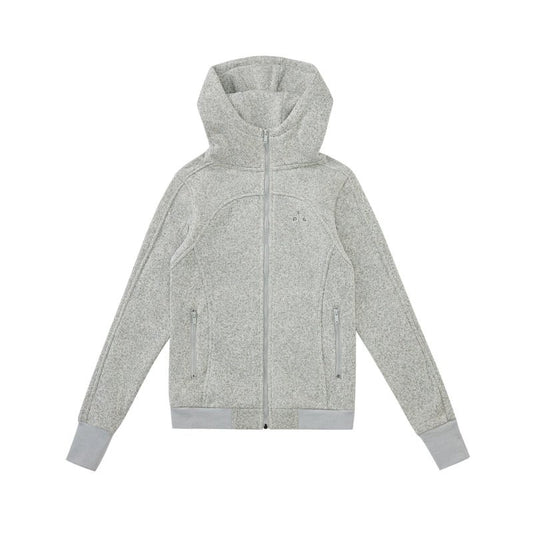 Women's cropped hooded zip up fleece jacket - grayish-white heavyweight knit high collar wide cuffs oversized cozy