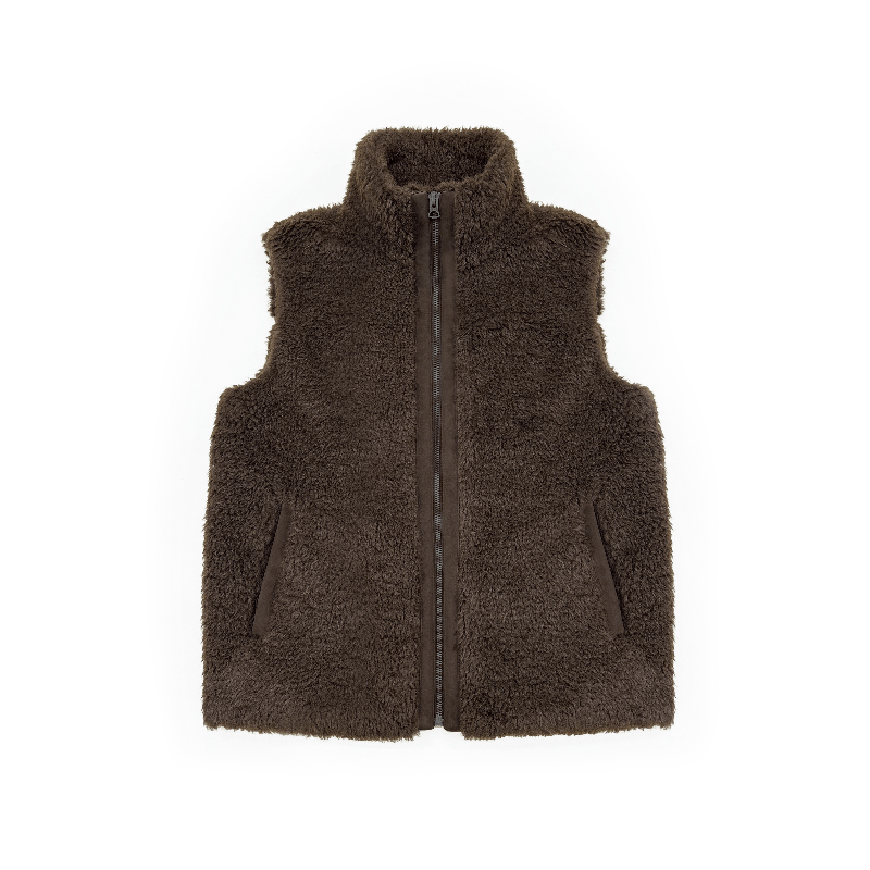  women's curly sherpa vest - Acorn Brown high neck sleeveless gilet plush fleece lining layering piece