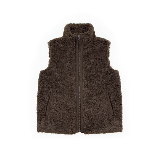 women's curly sherpa vest - Acorn Brown high neck sleeveless gilet plush fleece lining layering piece