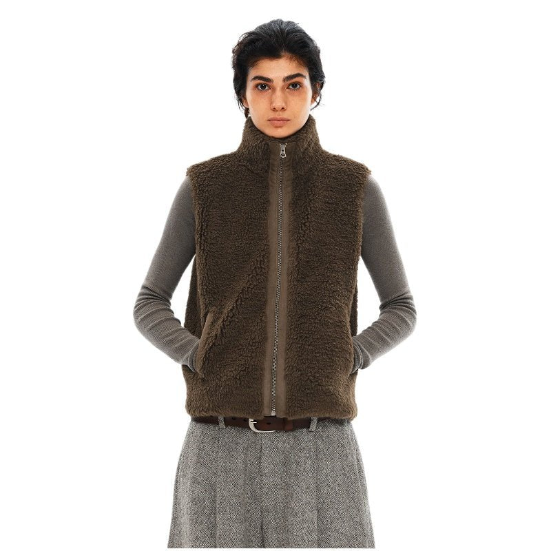 women's curly sherpa vest - Acorn Brown high neck sleeveless gilet plush fleece lining layering piece