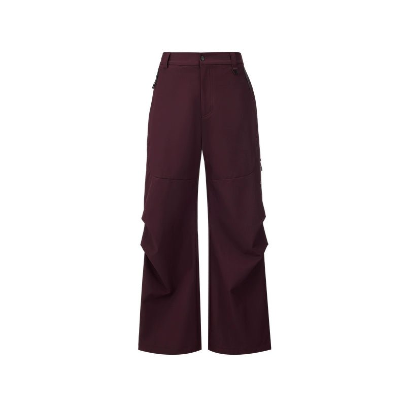 Women's dark red hiking softshell trousers - wide leg relaxed fit high waist with zippered pockets outdoor