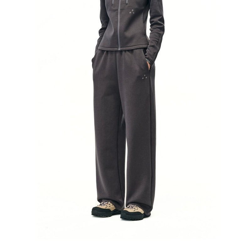 Women's double layer air knit pants - wide leg relaxed fit with dark gray zip jacket light cap athleisure