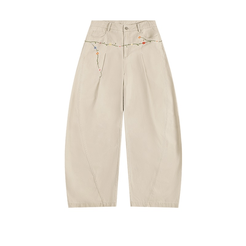 Women's floral embroidery cargo pants khaki wide leg | Washed cotton fabric with colorful beadwork on pockets | Bohemian streetwear fashion pants