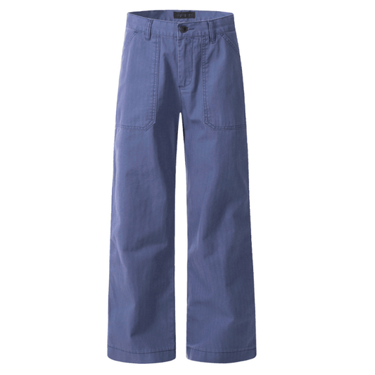 Men's women's French workwear pants - blue wide leg streetwear trousers with patch pockets visible stitching
