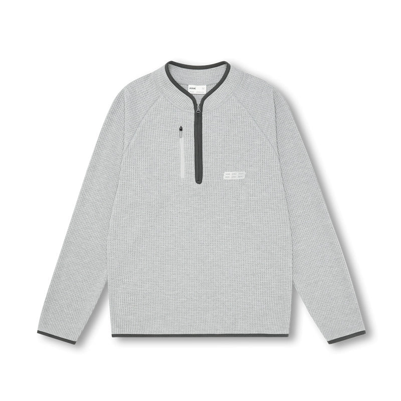 Men's heavyweight waffle knit hoodie - light gray pullover with magnetic closure black trim crew neck casual