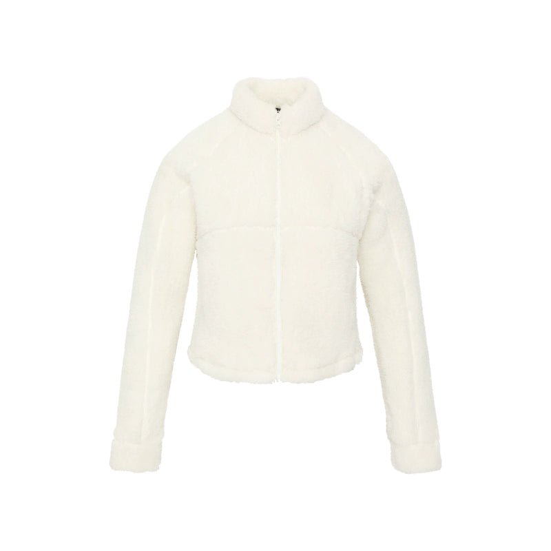 Women's off white short faux shearling jacket - off white fuzzy coat stand collar cropped winter coat trendy