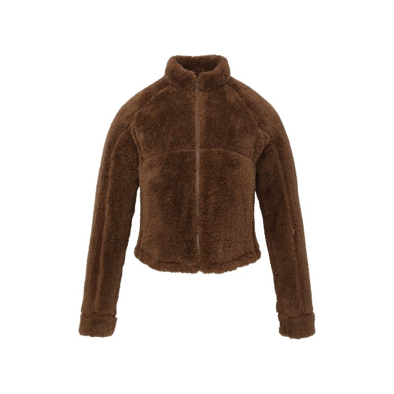 Women's brown short faux shearling jacket - brown fuzzy coat stand collar cropped winter coat trendy