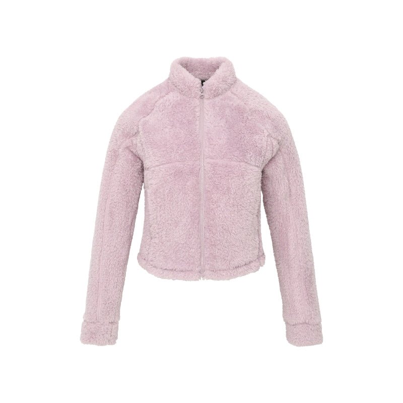 Women's pink short faux shearling jacket - light pink fuzzy coat stand collar cropped winter coat trendy