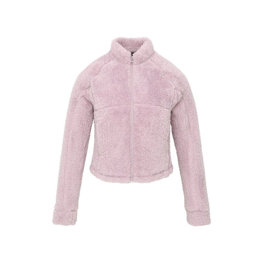 Women's pink short faux shearling jacket - light pink fuzzy coat stand collar cropped winter coat trendy