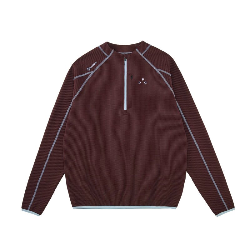 Men's women's UPF 50+ sun protection top - Coffee color quarter zip pullover white piping premium knit activewear