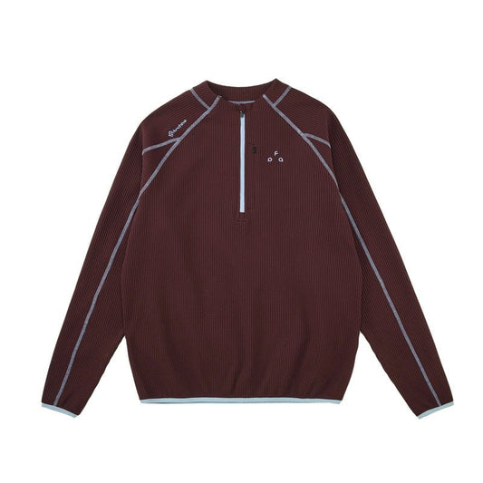 Men's women's UPF 50+ sun protection top - Coffee color quarter zip pullover white piping premium knit activewear