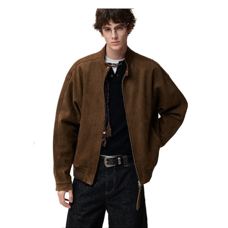 Men's women's vintage brown Harrington jacket - classic bomber style lightweight jacket over black shirt dark jeans