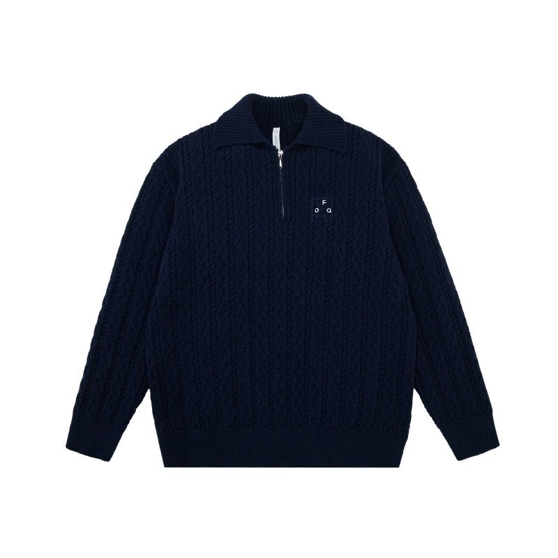 Men's women's cable knit half zip sweater - navy blue premium knitwear with embroidered chest detail