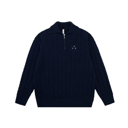 Men's women's cable knit half zip sweater - navy blue premium knitwear with embroidered chest detail