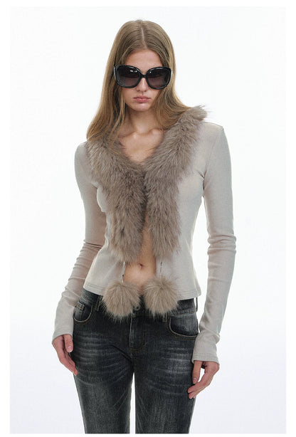Faux-Fur Trim Knit Cardigan
