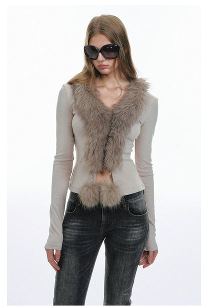Faux-Fur Trim Knit Cardigan