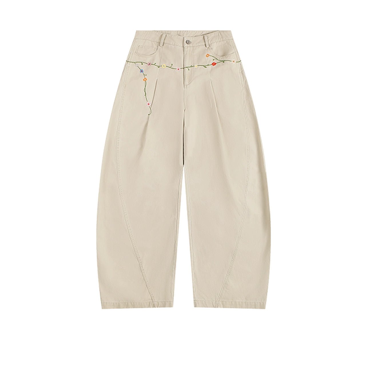 Women's floral embroidery cargo pants khaki wide leg | Washed cotton fabric with colorful beadwork on pockets | Bohemian streetwear 